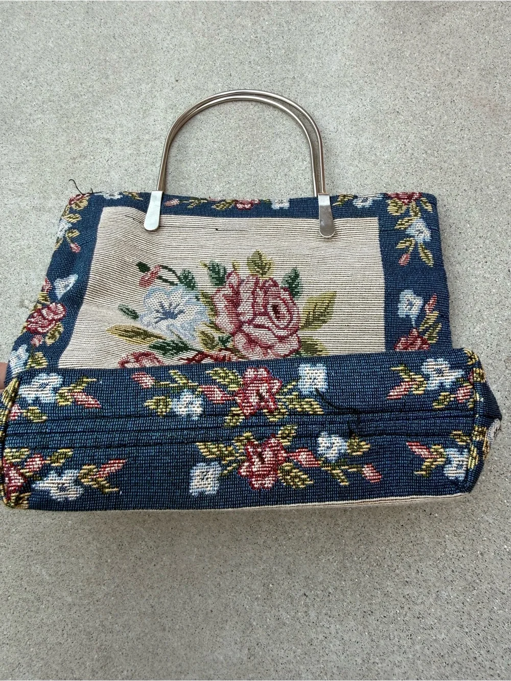 Vintage Floral Tapestry Handbag with Metal Handles Cottagecore Medium Size